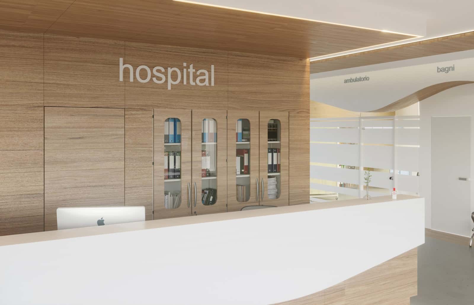Zonta reception ospedaliera con bancone in legno e parete attrezzata
